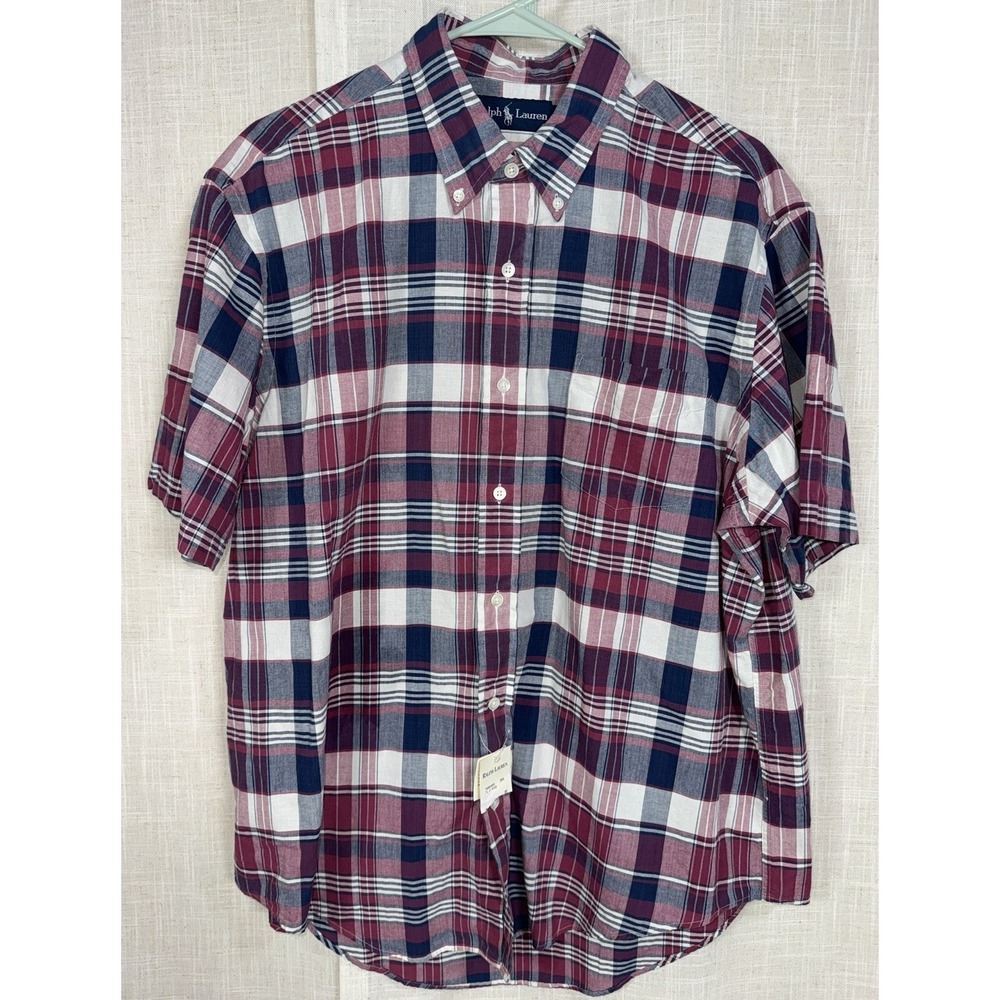NWT Ralph Lauren Men's XL Button Down Short Sleeve Shirt Plaid 100% Cotton‎